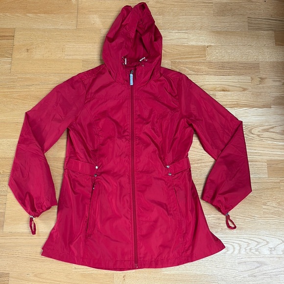 Jones New York Red Rain Jacket Parka in a Pocket with Hood Medium - Picture 5 of 15